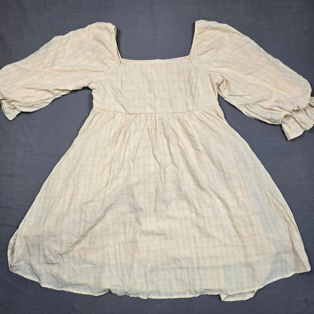 Entro L Beige Puff Sleeve Square Neck Smocked Empire Dress Milkmaid Peasant